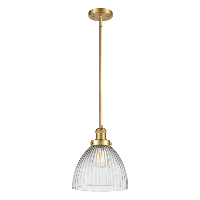 Seneca Falls Mini Pendant shown in the Satin Gold finish with a Clear Halophane shade