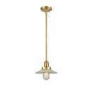 Halophane Mini Pendant shown in the Satin Gold finish with a Clear Halophane shade