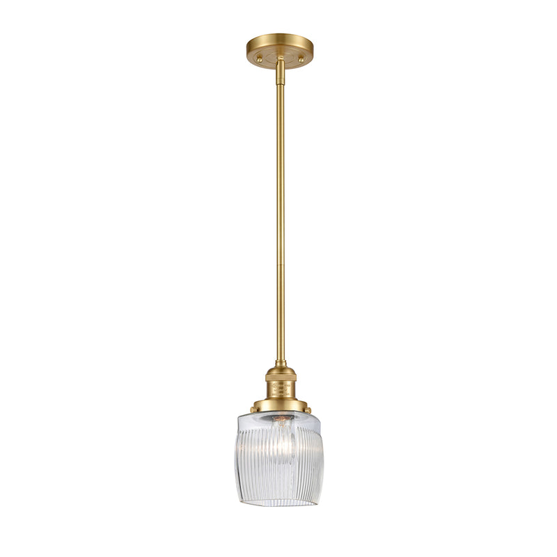 Colton Mini Pendant shown in the Satin Gold finish with a Clear Halophane shade