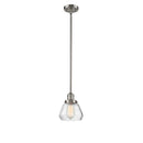 Fulton Mini Pendant shown in the Brushed Satin Nickel finish with a Clear shade