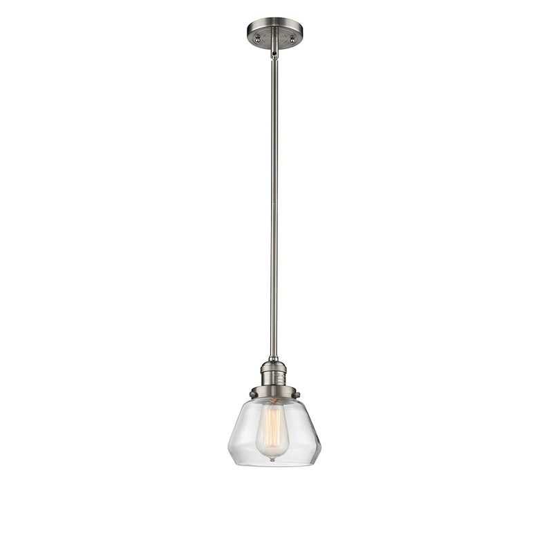 Fulton Mini Pendant shown in the Brushed Satin Nickel finish with a Clear shade