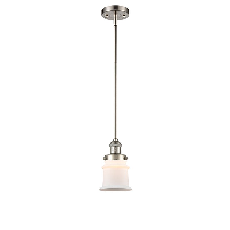 Canton Mini Pendant shown in the Brushed Satin Nickel finish with a Matte White shade