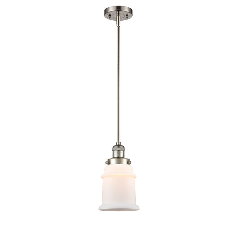 Canton Mini Pendant shown in the Brushed Satin Nickel finish with a Matte White shade