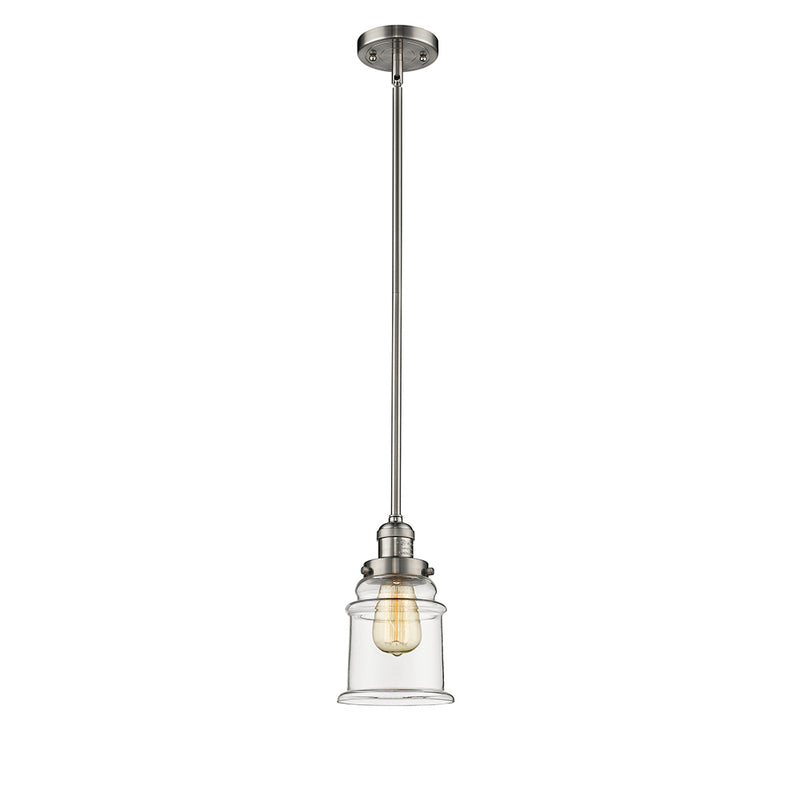 Canton Mini Pendant shown in the Brushed Satin Nickel finish with a Clear shade