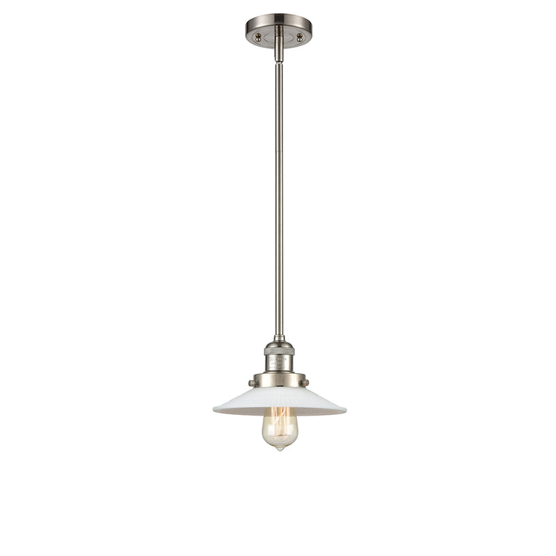 Halophane Mini Pendant shown in the Brushed Satin Nickel finish with a Matte White Halophane shade