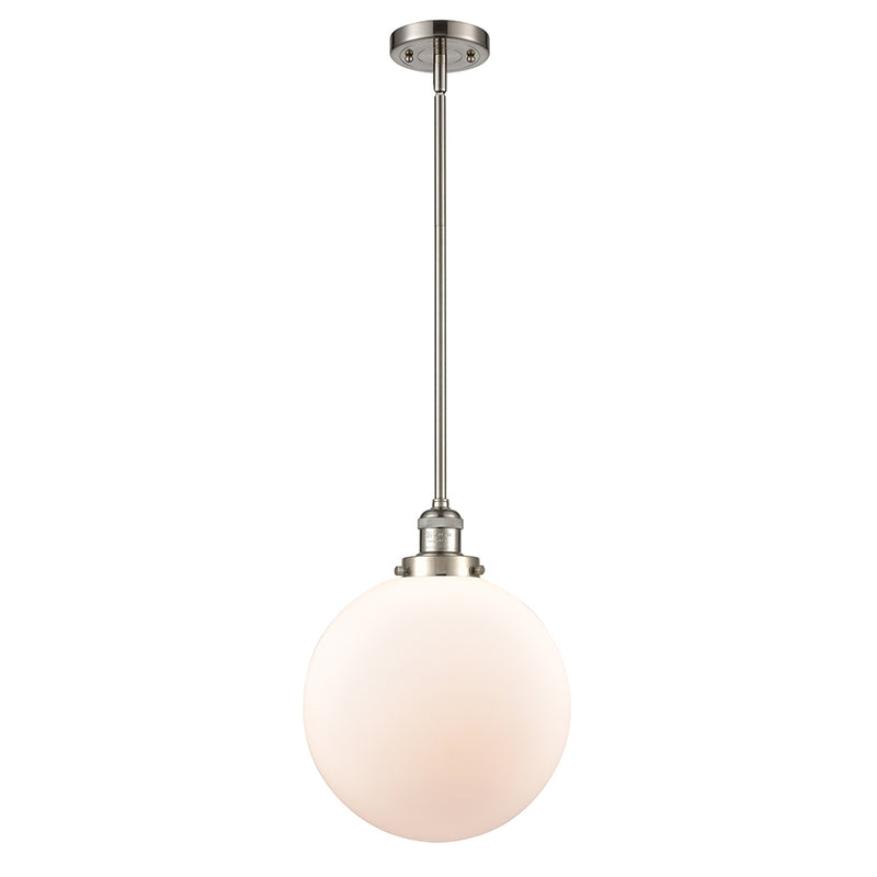 Beacon Mini Pendant shown in the Brushed Satin Nickel finish with a Matte White shade