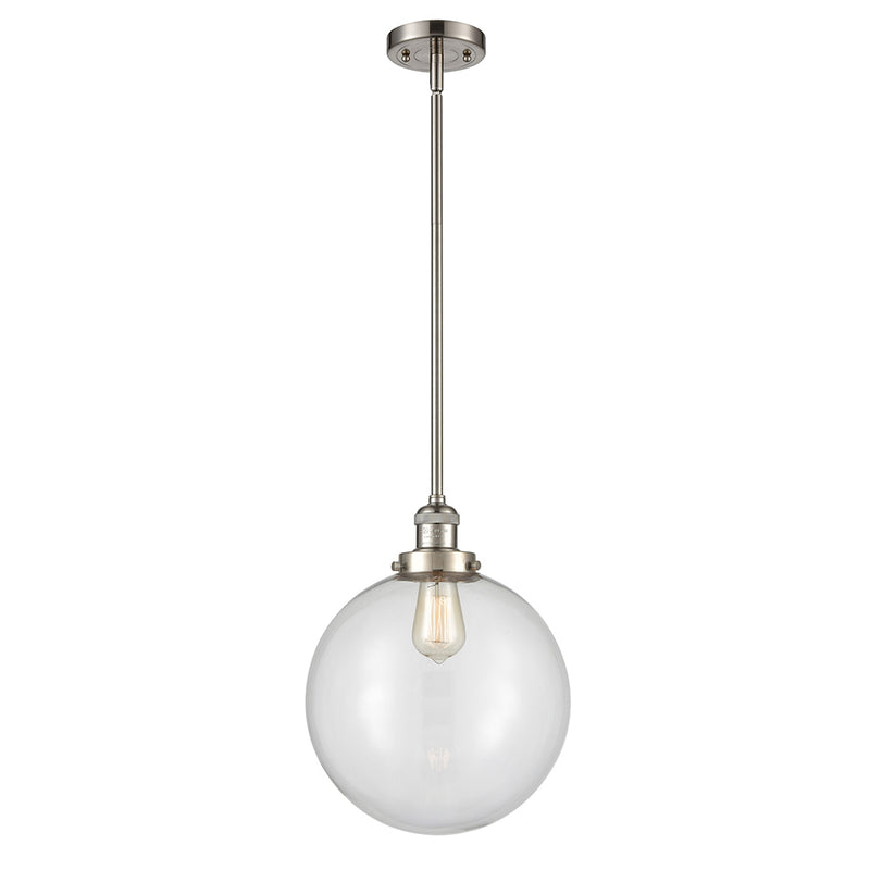 Beacon Mini Pendant shown in the Brushed Satin Nickel finish with a Clear shade