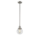 Beacon Mini Pendant shown in the Brushed Satin Nickel finish with a Clear shade