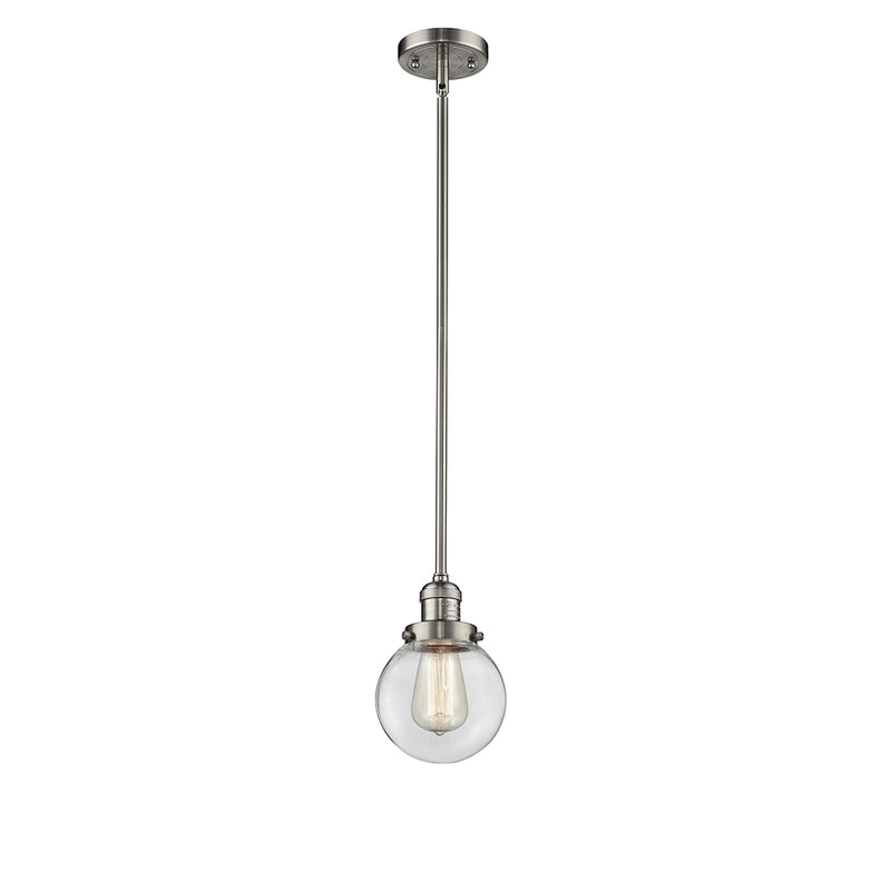 Beacon Mini Pendant shown in the Brushed Satin Nickel finish with a Clear shade