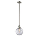 Beacon Mini Pendant shown in the Brushed Satin Nickel finish with a Clear shade