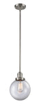 Innovations Lighting Beacon 1-100 watt 8 inch Brushed Satin Nickel Mini Pendant with Clear glass and Solid Brass Hang Straight Swivel 201SSNG2028