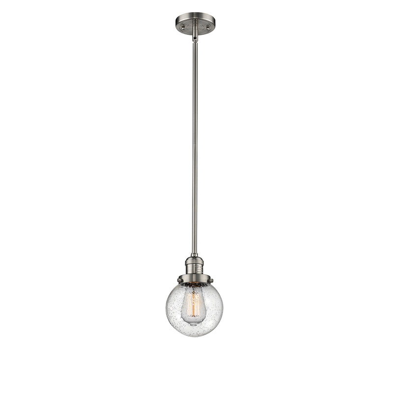 Beacon Mini Pendant shown in the Brushed Satin Nickel finish with a Seedy shade