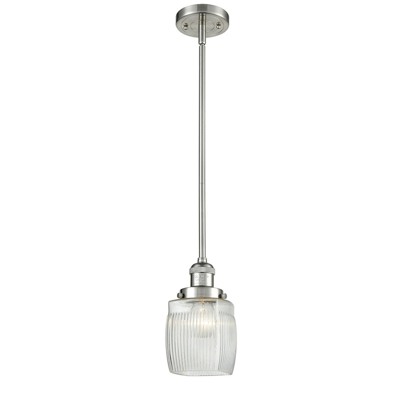 Colton Mini Pendant shown in the Brushed Satin Nickel finish with a Clear Halophane shade