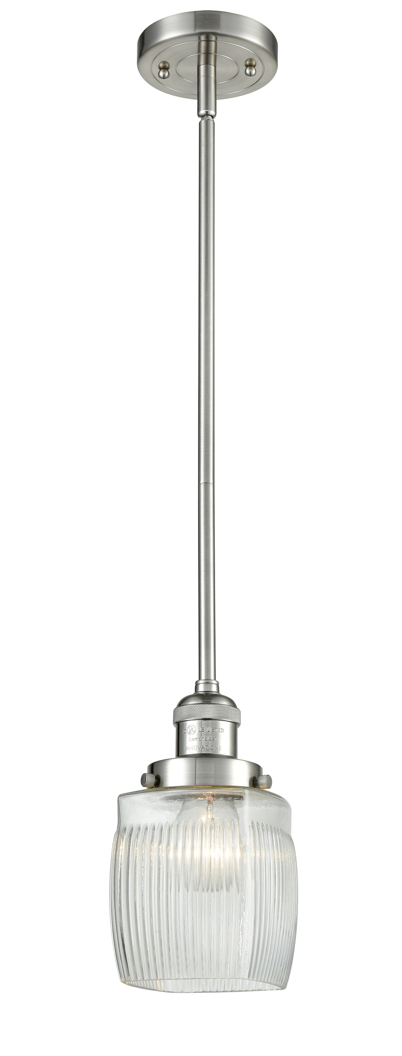 Innovations Lighting Colton 1-100 watt 8 inch Brushed Satin Nickel Mini Pendant with Thick Clear Halophane glass and Solid Brass Hang Straight Swivel 201SSNG302