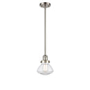 Olean Mini Pendant shown in the Brushed Satin Nickel finish with a Clear shade