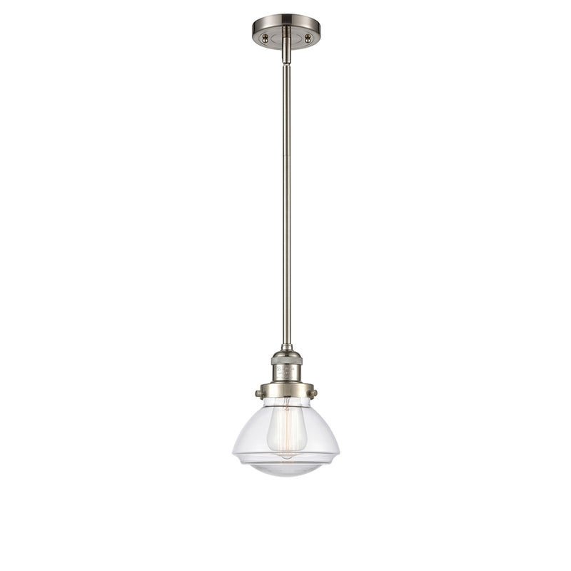 Olean Mini Pendant shown in the Brushed Satin Nickel finish with a Clear shade