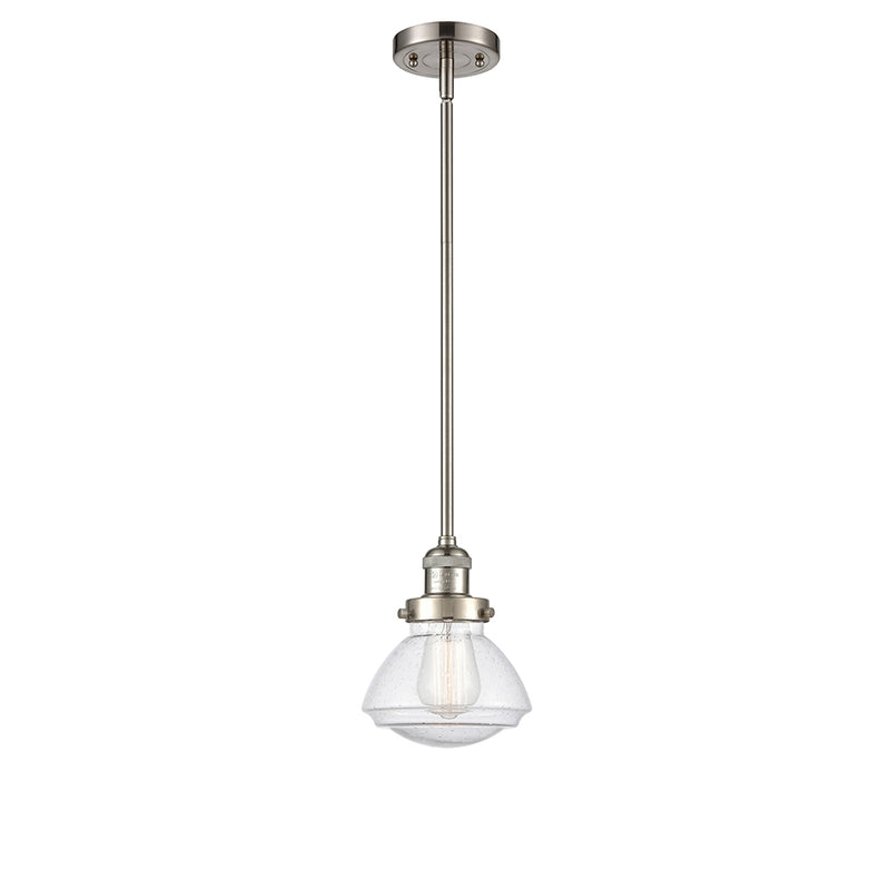 Olean Mini Pendant shown in the Brushed Satin Nickel finish with a Seedy shade