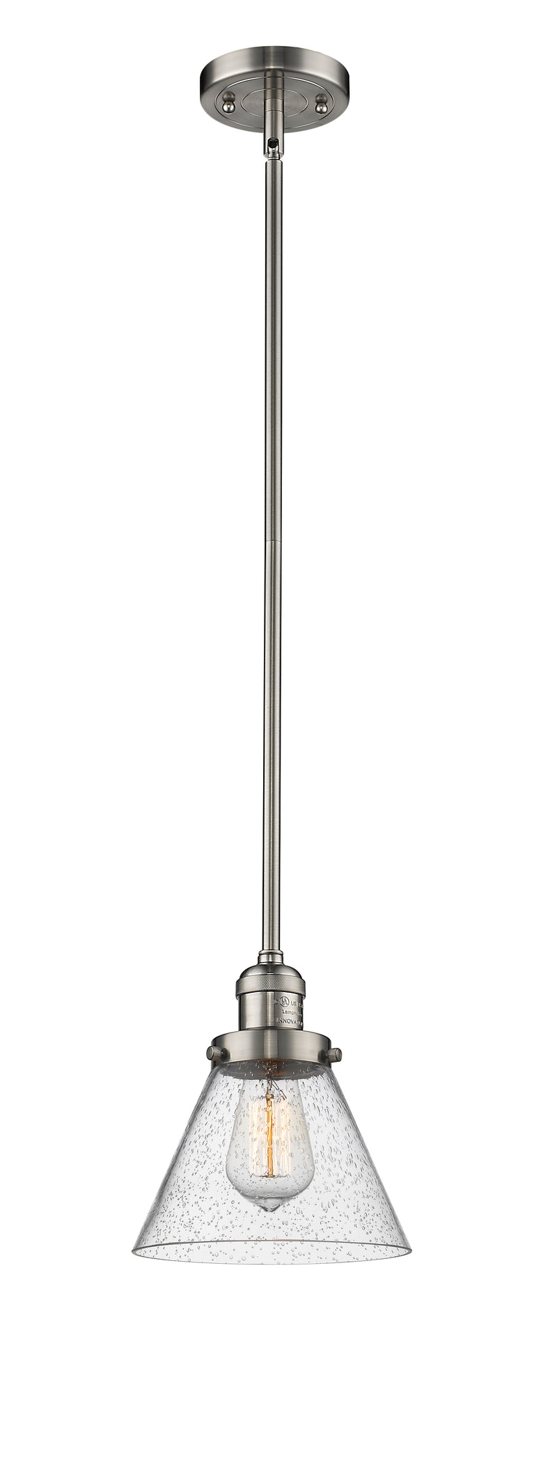 Innovations Lighting Large Cone 1-100 watt 8 inch Brushed Satin Nickel Mini Pendant with Seedy glass and Solid Brass Hang Straight Swivel 201SSNG44