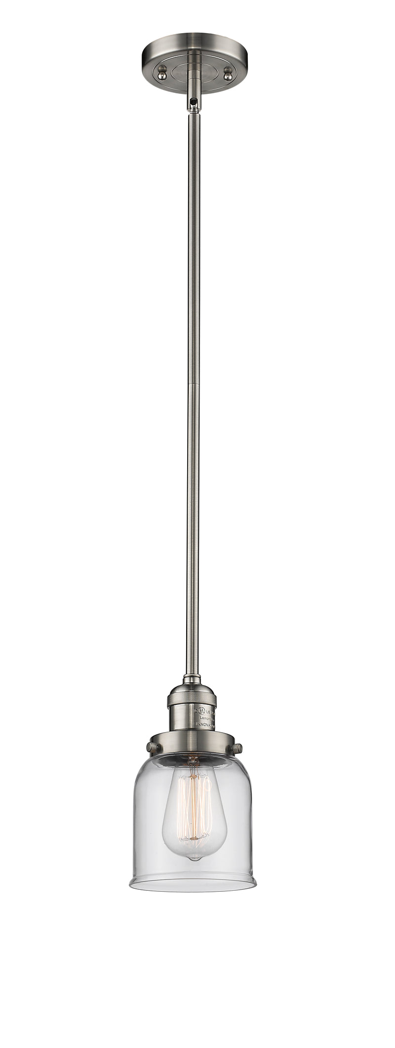 Innovations Lighting Small Bell 1-100 watt 5 inch Brushed Satin Nickel Mini Pendant with Clear glass and Solid Brass Hang Straight Swivel 201SSNG52