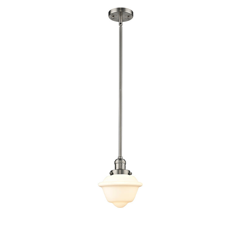 Oxford Mini Pendant shown in the Brushed Satin Nickel finish with a Matte White shade