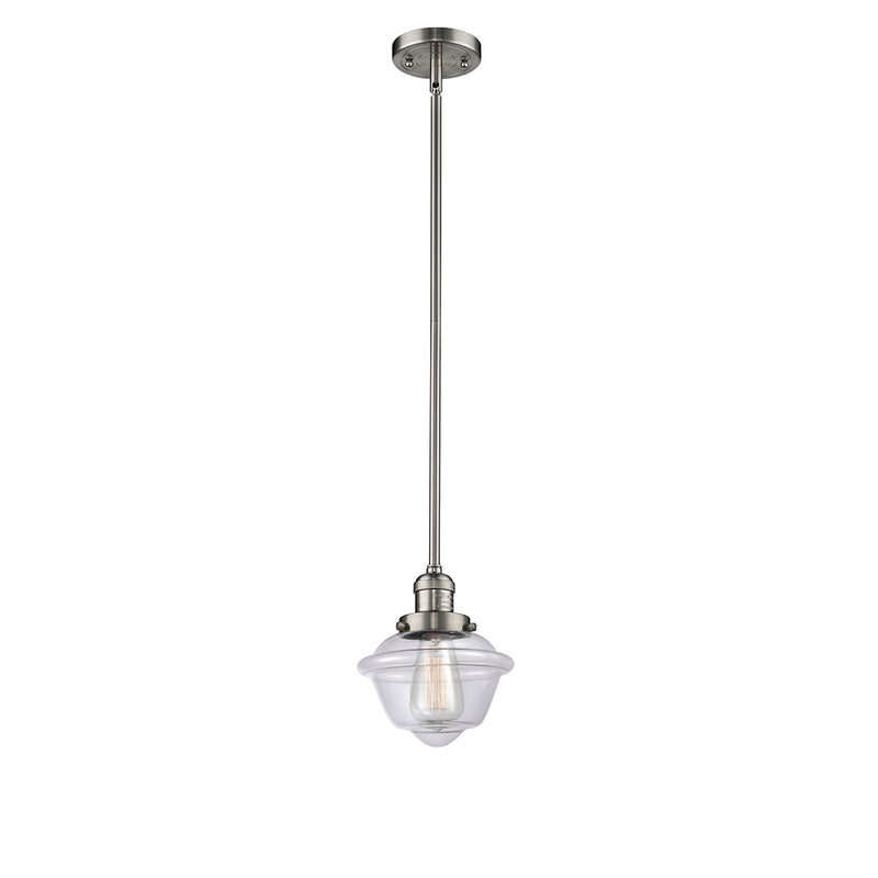 Oxford Mini Pendant shown in the Brushed Satin Nickel finish with a Clear shade