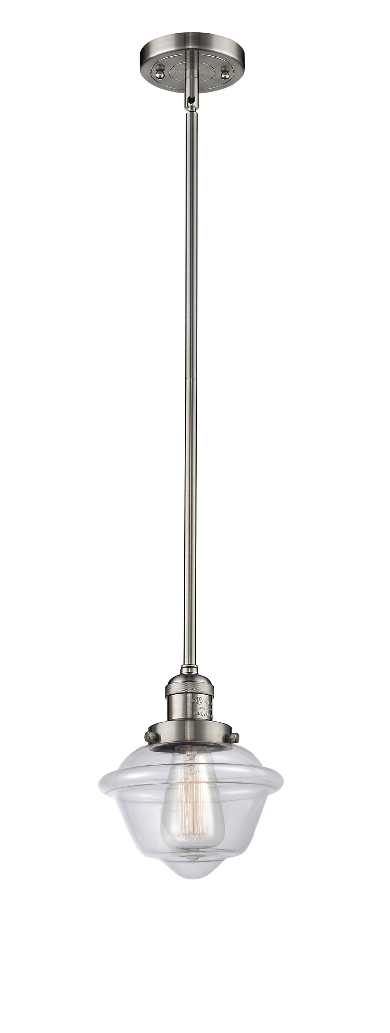 Innovations Lighting Small Oxford 1-100 watt 8 inch Brushed Satin Nickel Mini Pendant with Clear glass and Solid Brass Hang Straight Swivel 201SSNG532