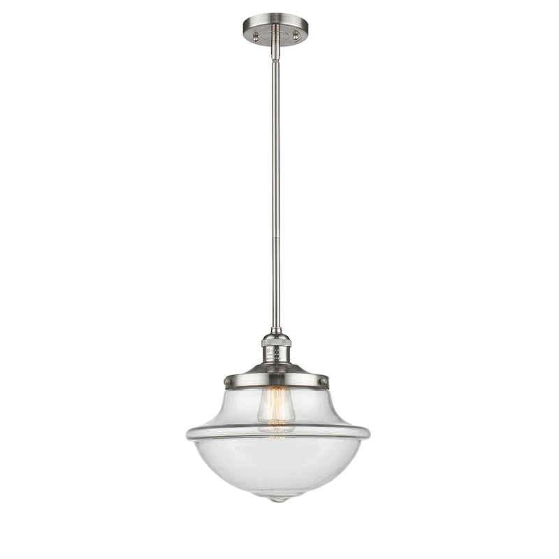 Oxford Mini Pendant shown in the Brushed Satin Nickel finish with a Clear shade