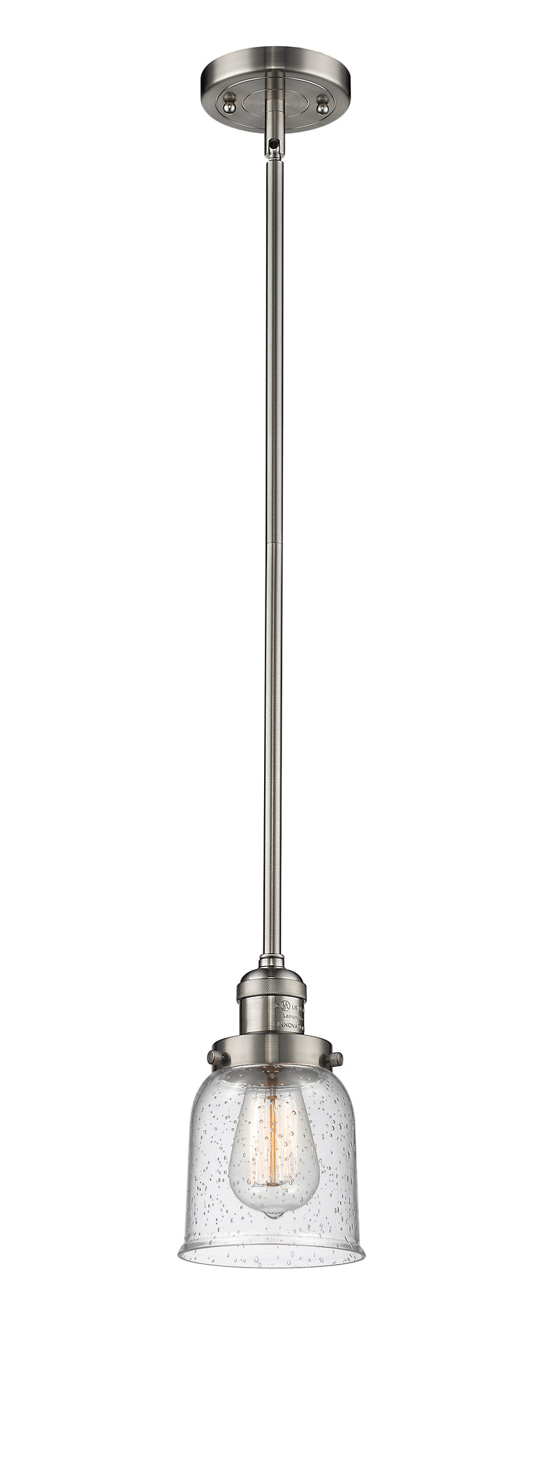 Innovations Lighting Small Bell 1-100 watt 5 inch Brushed Satin Nickel Mini Pendant with Seedy glass and Solid Brass Hang Straight Swivel 201SSNG54