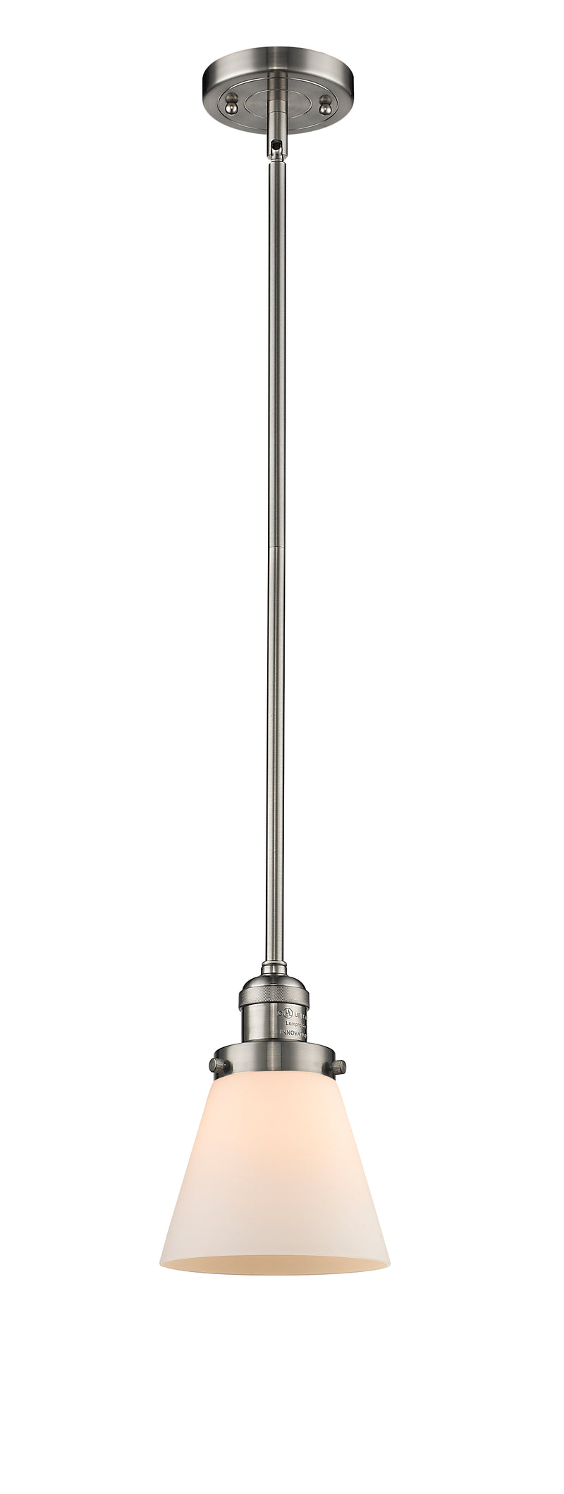Innovations Lighting Small Cone 1-100 watt 6 inch Brushed Satin Nickel Mini Pendant with Matte White Cased glass and Solid Brass Hang Straight Swivel 201SSNG61