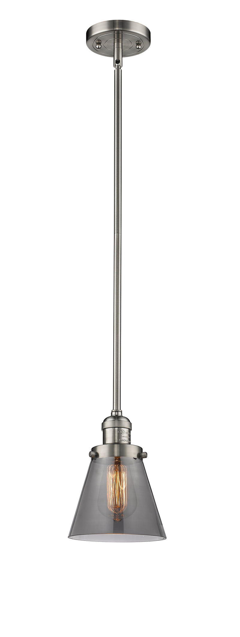 Innovations Lighting Small Cone 1-100 watt 6 inch Brushed Satin Nickel Mini Pendant with Smoked glass and Solid Brass Hang Straight Swivel 201SSNG63