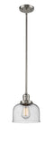 Innovations Lighting Large Bell 1-100 watt 8 inch Brushed Satin Nickel Mini Pendant with Seedy glass and Solid Brass Hang Straight Swivel 201SSNG74