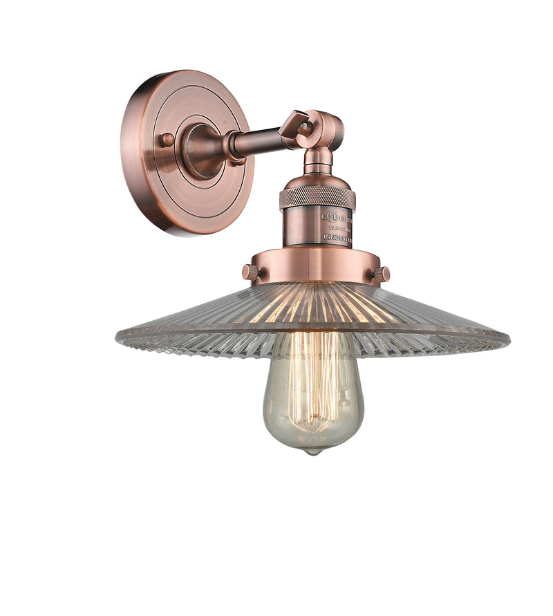 Innovations Lighting Halophane 1-100 watt 10 inch Antique Copper Sconce with Halophane glass and Solid Brass 180 Degree Adjustable Swivel With Engraved Cast Cup 203ACG2