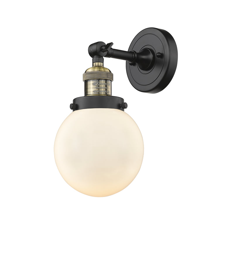 Innovations Lighting Beacon 1-100 watt 6 inch Black Antique Brass Sconce with Matte White Cased glass and Solid Brass 180 Degree Adjustable Swivel With Engraved Cast Cup 203BABG2016