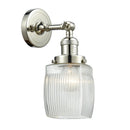 Colton Sconce shown in the Polished Nickel finish with a Clear Halophane shade