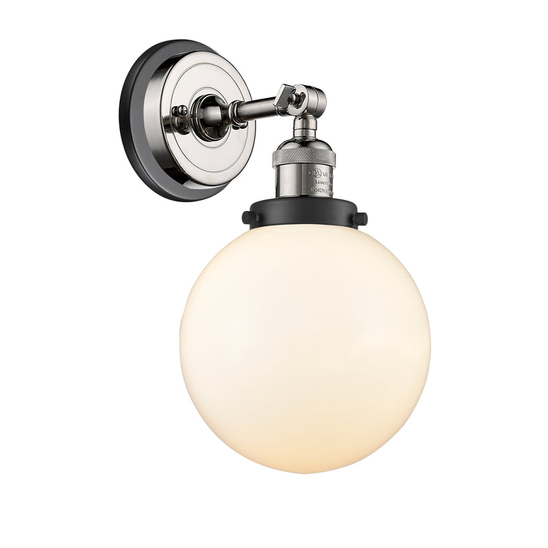 Beacon Sconce shown in the Polished Nickel finish with a Matte White shade