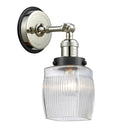 Colton Sconce shown in the Polished Nickel finish with a Clear Halophane shade