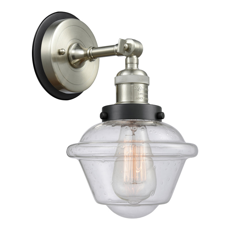 Oxford Sconce shown in the Brushed Satin Nickel finish with a Seedy shade