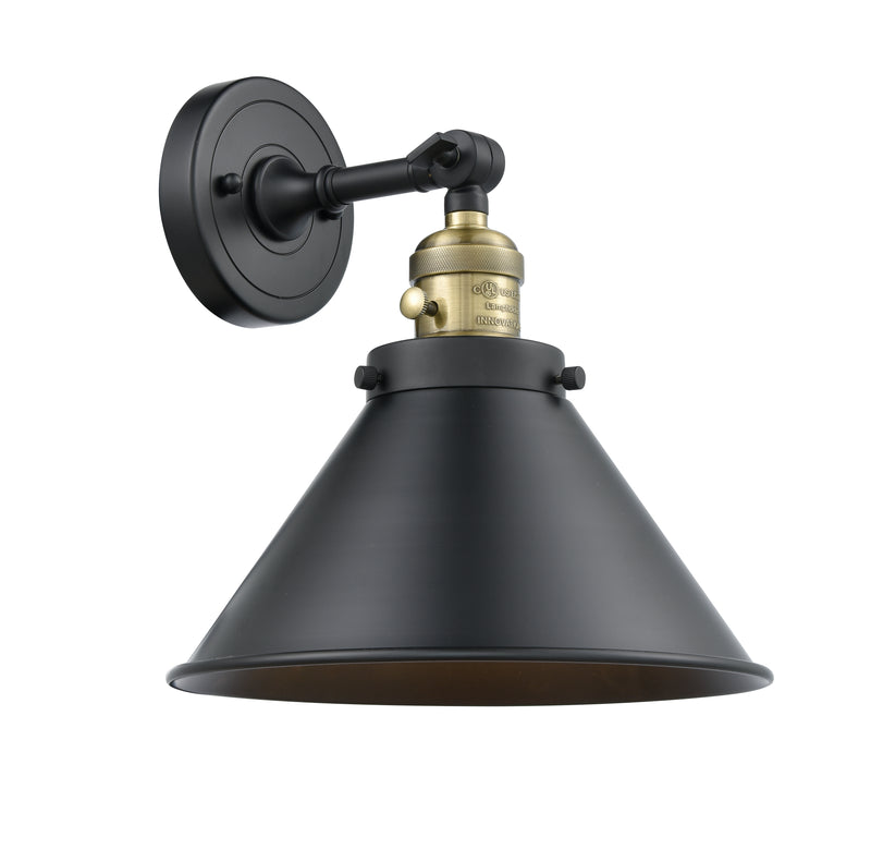 Innovations Lighting Briarcliff 1-100 watt 10 inch Black Antique Brass Sconce with Black Briarcliff shades and Solid Brass 180 Degree Adjustable Swivel With Engraved Cast Cup Includes a "High-Low-Off" Switch. 203SWBABM10BK