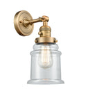 Innovations Lighting Canton 1-100 watt 6.5 inch Brushed Brass Sconce with Clear glass and Solid Brass 180 Degree Adjustable Swivel With Engraved Cast Cup Includes a "High-Low-Off" Switch. 203SWBBG182
