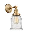 Innovations Lighting Canton 1-100 watt 6.5 inch Brushed Brass Sconce with Seedy glass and Solid Brass 180 Degree Adjustable Swivel With Engraved Cast Cup Includes a "High-Low-Off" Switch. 203SWBBG184