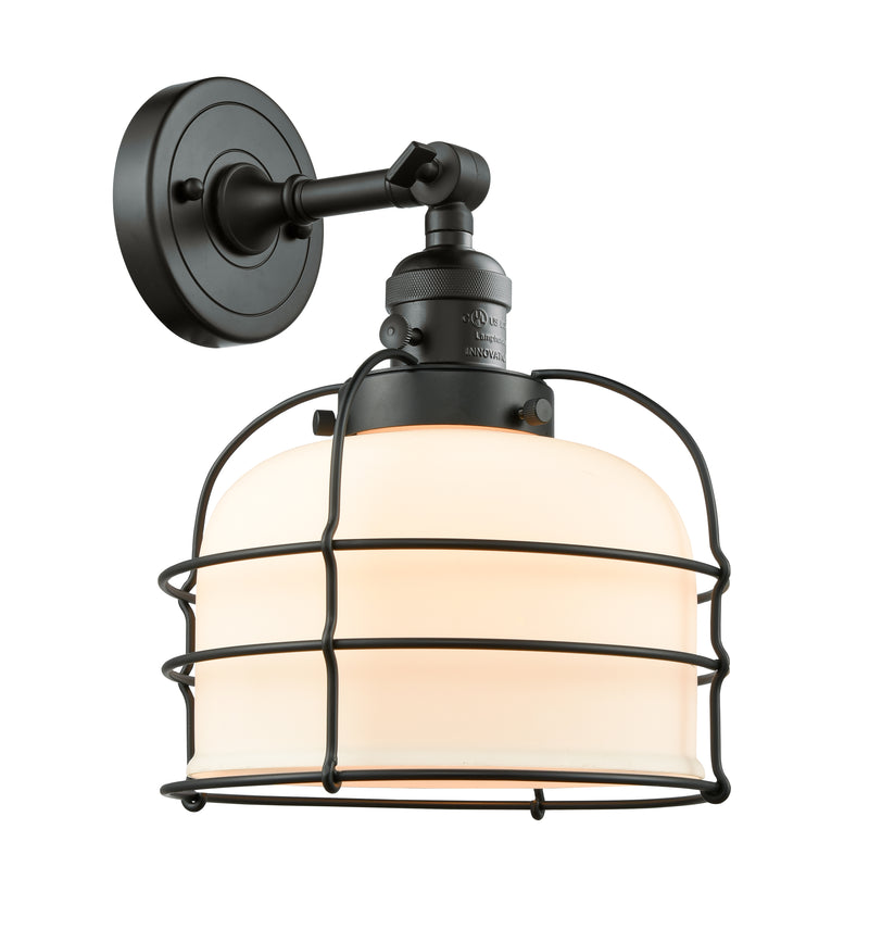 Innovations Lighting Large Bell Cage 1-100 watt 8 inch Black Sconce with Matte White Cased glass and Solid Brass 180 Degree Adjustable Swivel With Engraved Cast Cup Includes a "High-Low-Off" Switch. 203SWBKG71CE