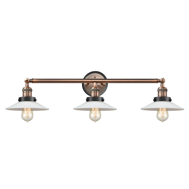 Halophane Bath Vanity Light shown in the Antique Copper finish with a Matte White Halophane shade