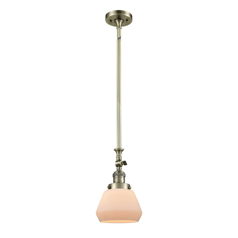 Fulton Mini Pendant shown in the Antique Brass finish with a Matte White shade