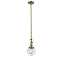 Beacon Mini Pendant shown in the Antique Brass finish with a Seedy shade