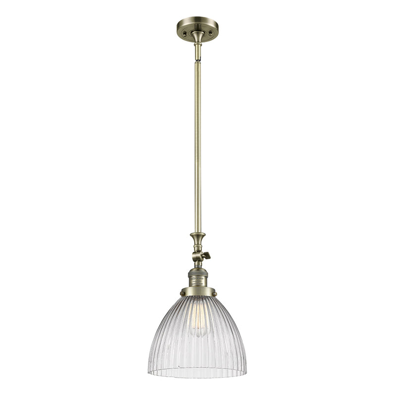 Seneca Falls Mini Pendant shown in the Antique Brass finish with a Clear Halophane shade