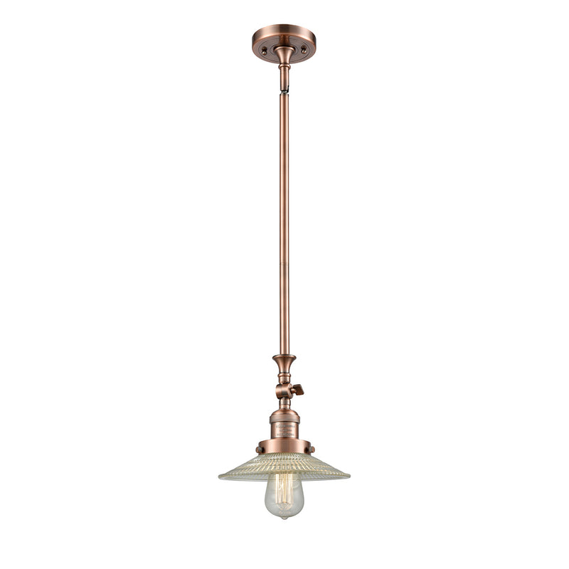 Halophane Mini Pendant shown in the Antique Copper finish with a Clear Halophane shade