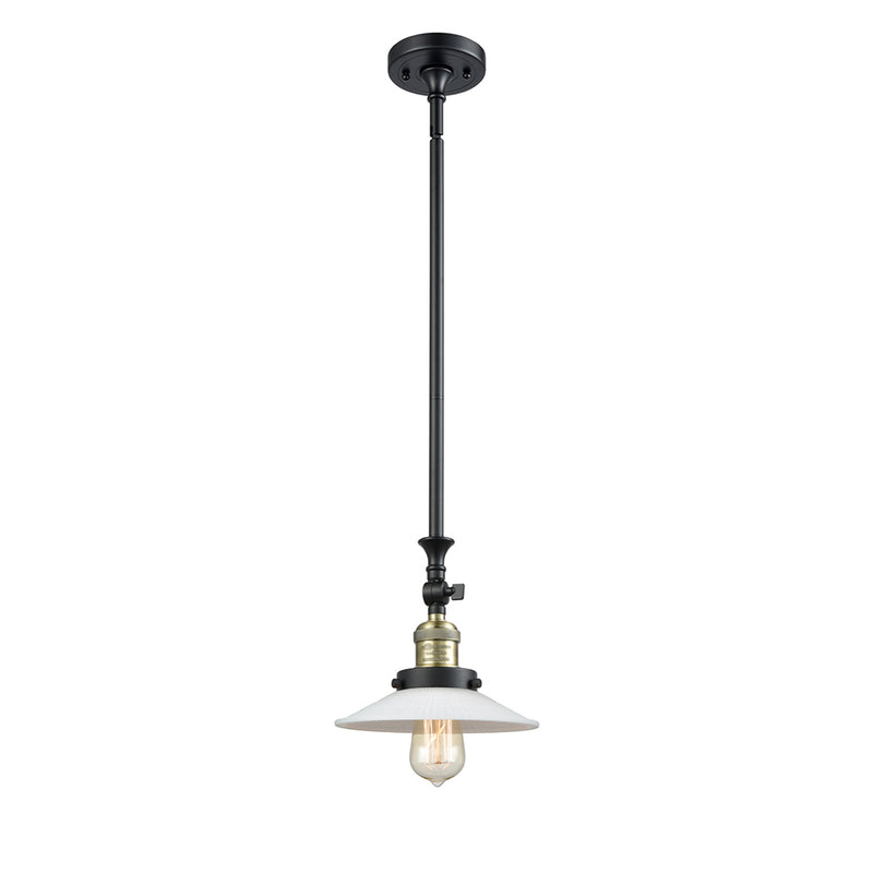 Halophane Mini Pendant shown in the Black Antique Brass finish with a Matte White Halophane shade