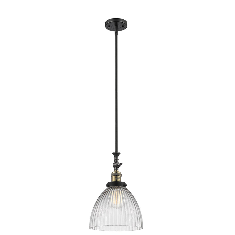 Seneca Falls Mini Pendant shown in the Black Antique Brass finish with a Clear Halophane shade