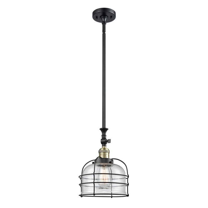 Bell Cage Mini Pendant shown in the Black Antique Brass finish with a Seedy shade