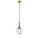 Beacon Mini Pendant shown in the Brushed Brass finish with a Seedy shade